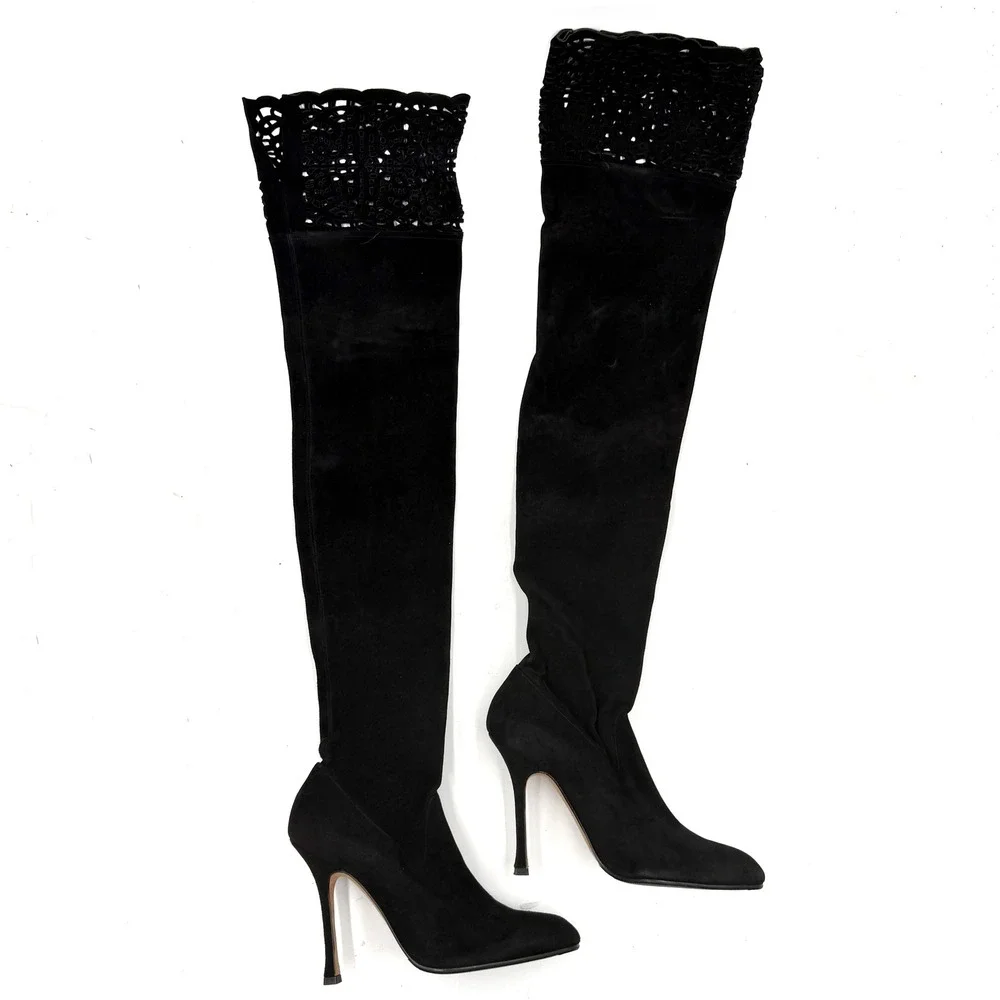 Manolo Blahnik Lape Thigh High Boots Black Suede Laser Cut Over the Knee 36 / 6
